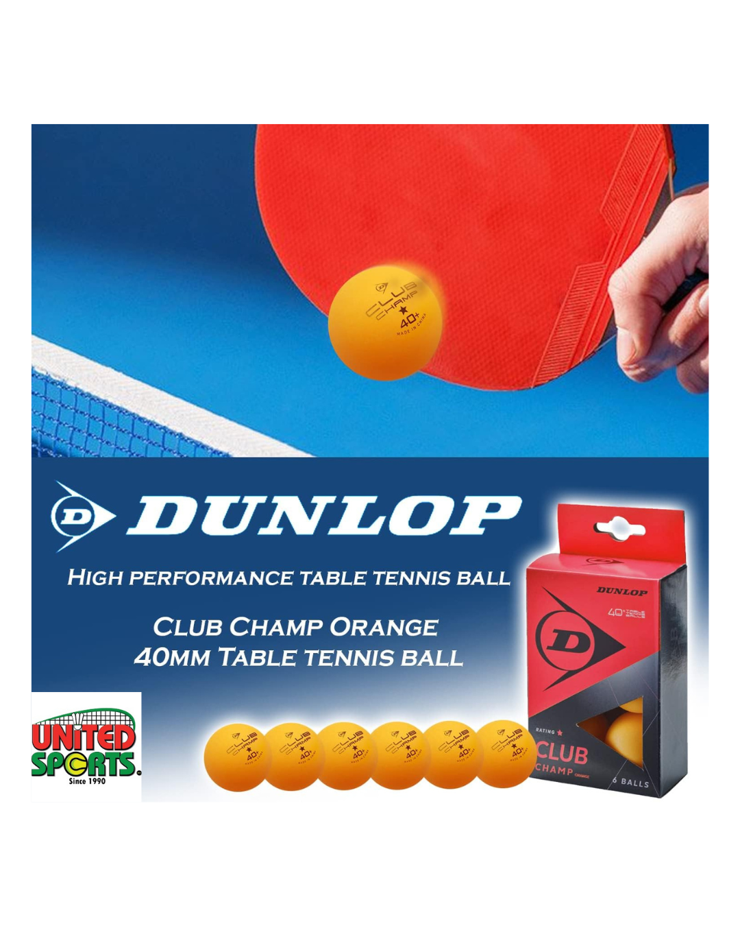 DUNLOP Club Champ Table Tennis Ball – Orange (6 Pcs)